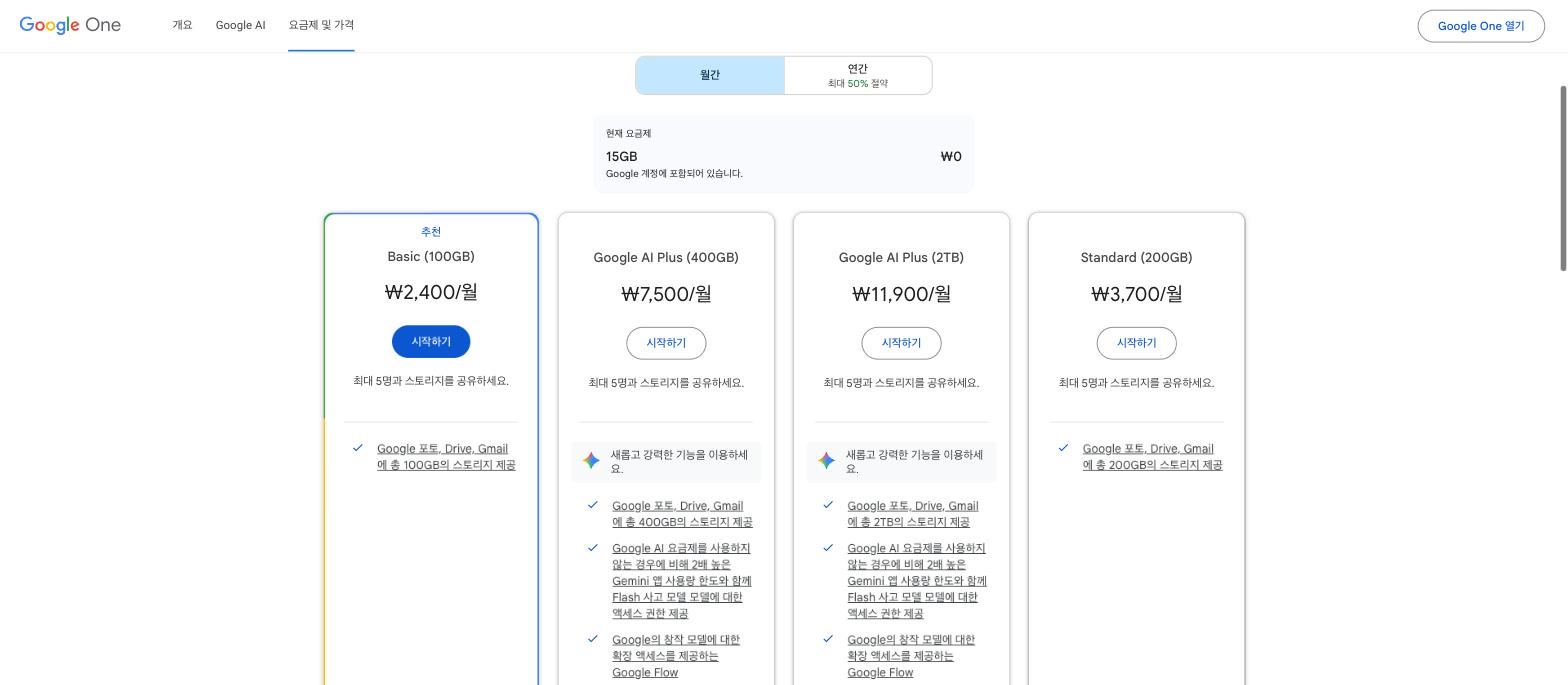 Google One 요금제 페이지(한국) 월간 탭 — Basic 100GB ₩2,400, Google AI Plus 400GB ₩7,500, Google AI Plus 2TB ₩11,900, Standard 200GB ₩3,700