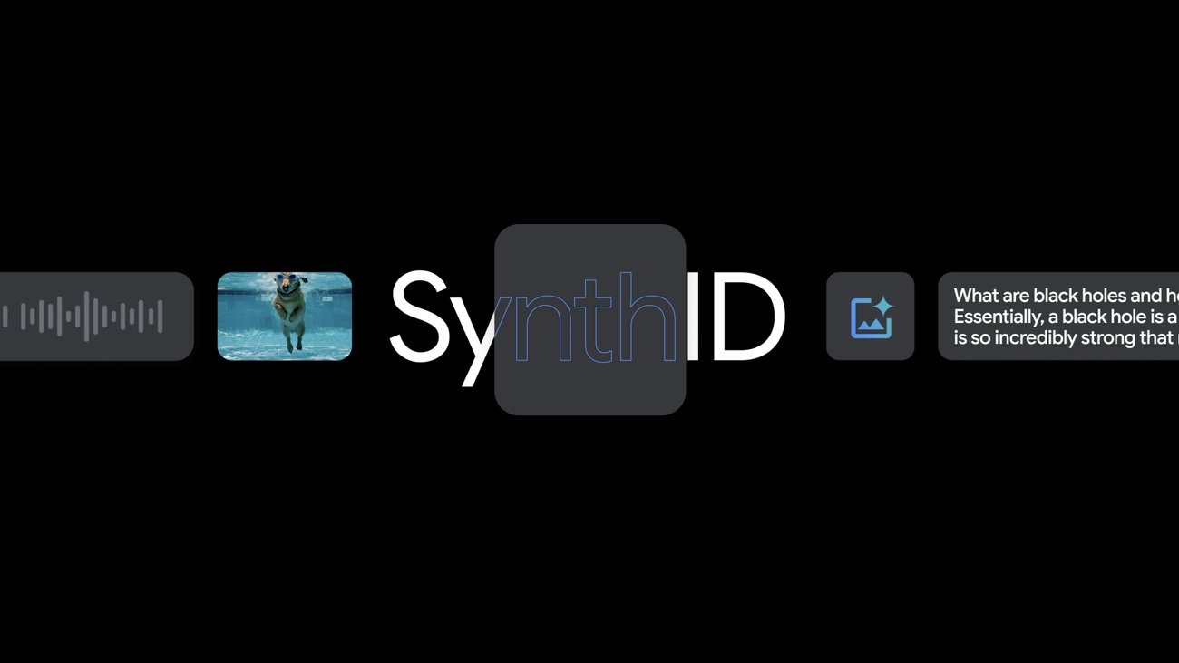 구글 SynthID 배너 — 오디오 파형, 영상, 이미지, 텍스트 아이콘이 SynthID 로고 좌우에 놓여 있다