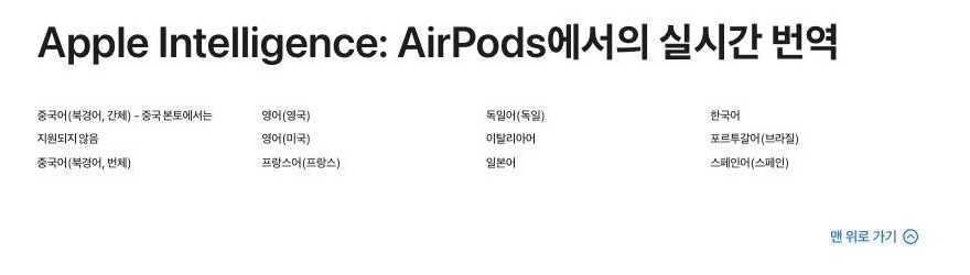 애플 코리아 기능 지원 여부 페이지의 'Apple Intelligence: AirPods에서의 실시간 번역' 항목 — 한국어를 포함한 지원 언어 목록