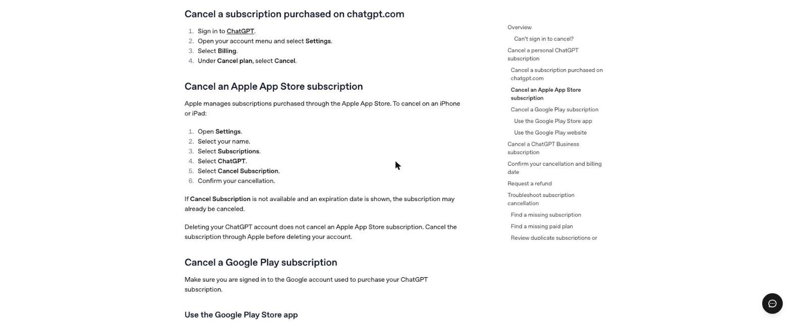 오픈AI 고객센터 'Canceling your ChatGPT subscription' 문서 — chatgpt.com에서 구독한 경우 Sign in, Settings, Billing, Cancel plan 4단계와 애플 앱스토어 구독 해지 6단계가 나온 화면