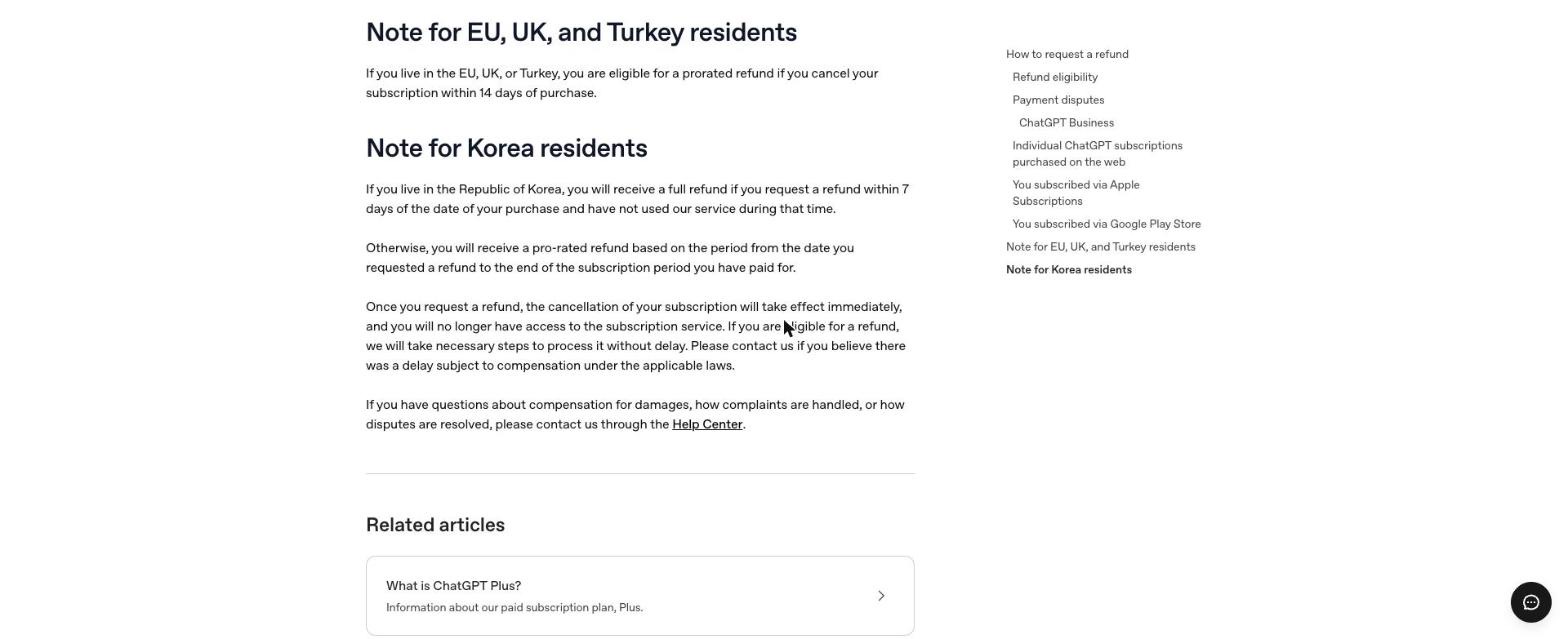 오픈AI 고객센터 환불 문서의 'Note for Korea residents' 절 — 7일 이내 미사용 시 전액 환불, 그 외 일할 계산 환불, 환불 요청 시 즉시 해지된다는 문장이 보이는 화면
