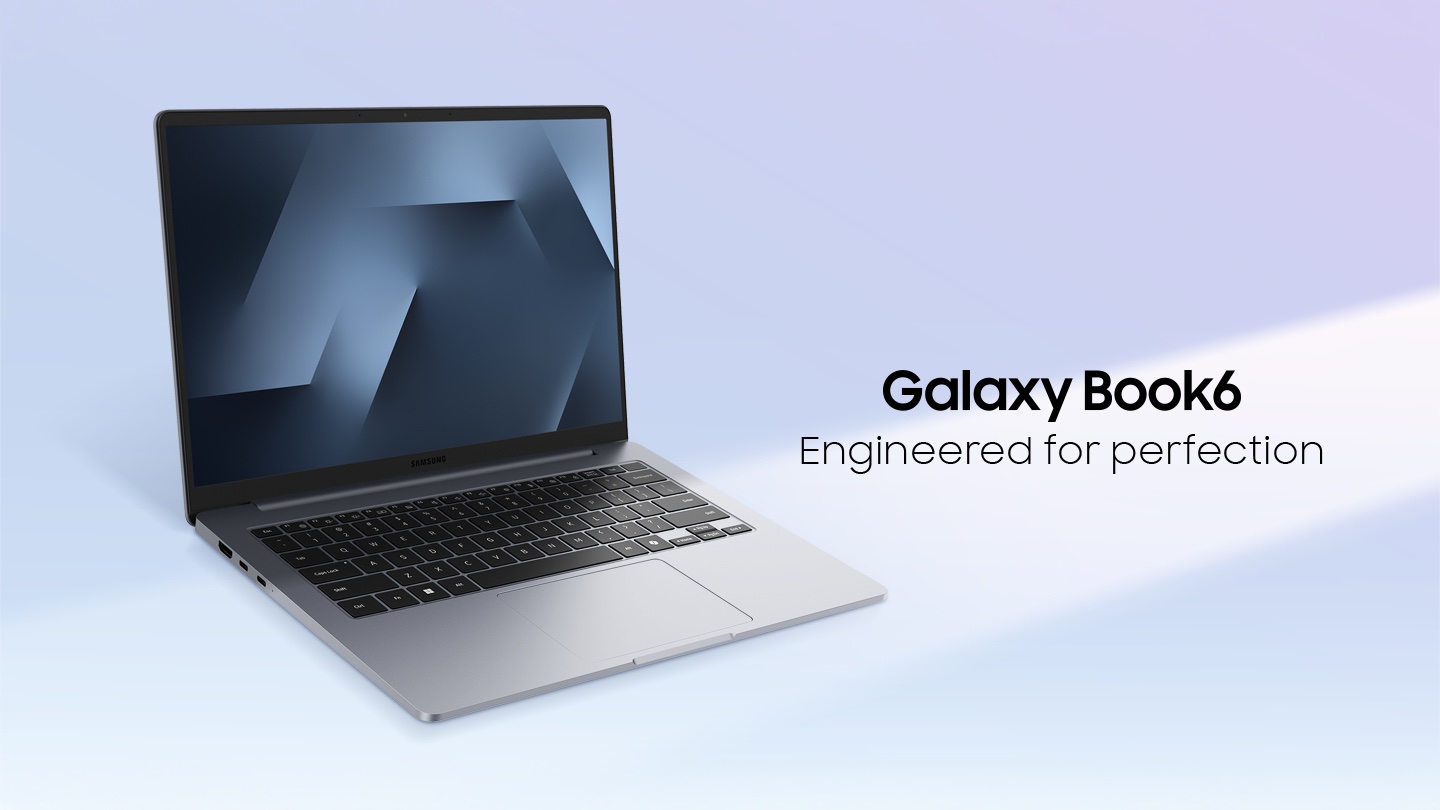 그레이 색상 갤럭시북6 노트북이 열려 있고 오른쪽에 'Galaxy Book6 Engineered for perfection' 문구가 적힌 삼성 공식 이미지