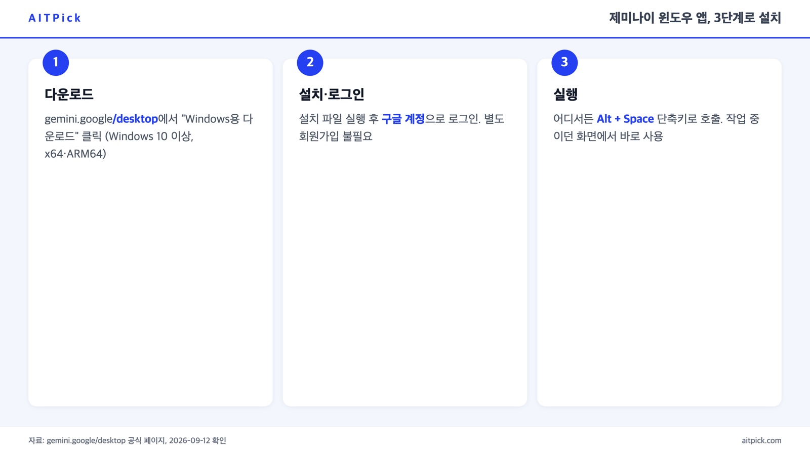 제미나이 윈도우 앱 설치 3단계 — 다운로드, 설치·로그인, 실행