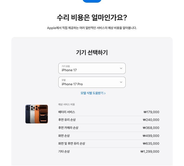 같은 조회에서 아이폰 17 프로를 선택한 화면 — 배터리 서비스 179,000원