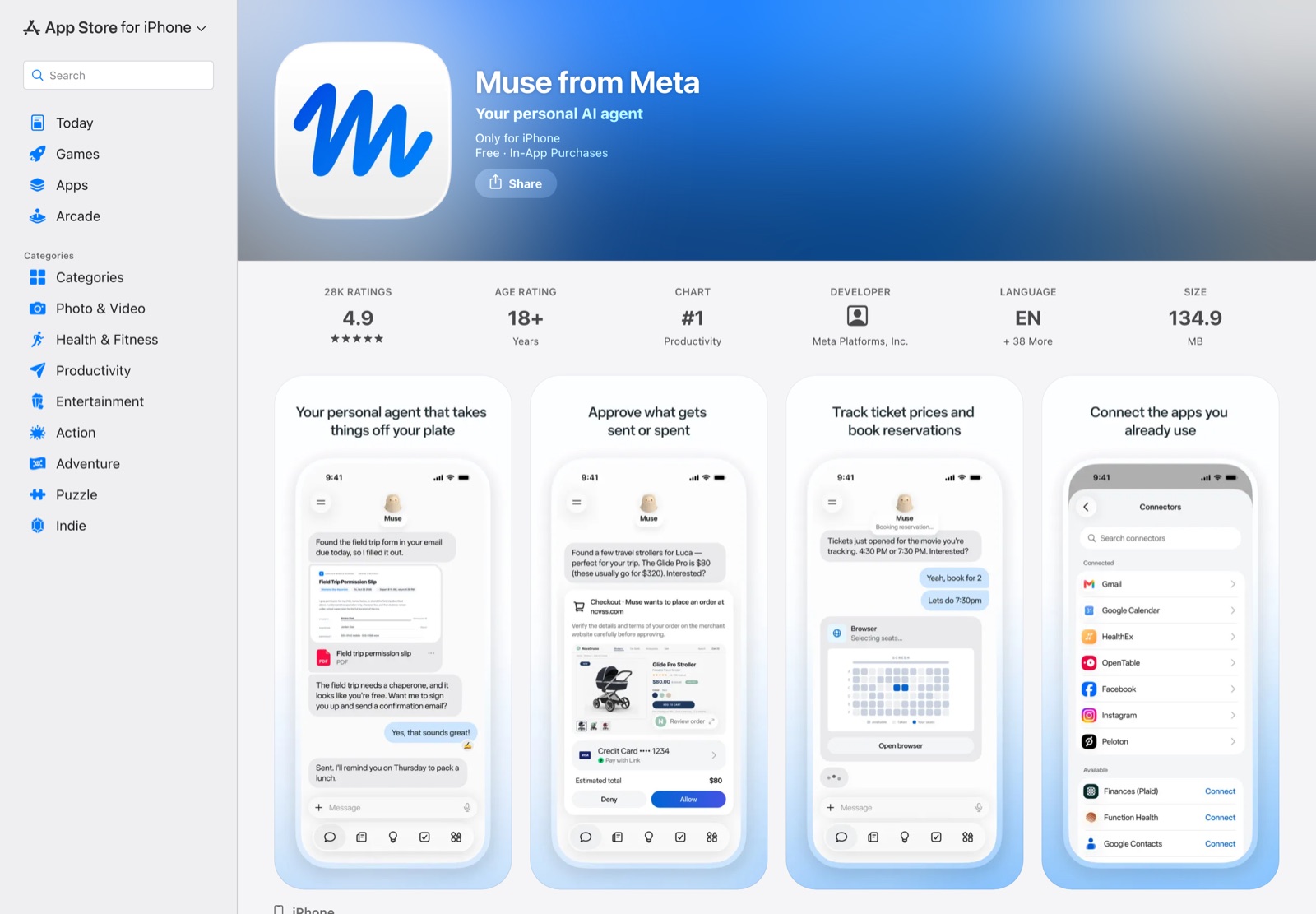 미국 앱스토어의 Muse from Meta 페이지 — 판매자 Meta Platforms, Inc., 평점 4.9, 연령 등급 18+, 생산성 차트 1위, 아이폰 전용 표기가 보이는 화면